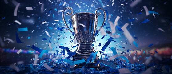 Trophy cup. silver first place winners trophy with falling confetti and streamers. Champion trophy, shiny silver cup falling confetti for sport award. Winner prize, champions. Generative ai