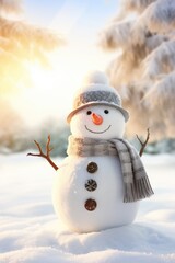Fototapeta premium Christmas Snowman On Winter Background. Funny festive snowman in a hat. Merry christmas and a happy new year. Holiday banner and poster. Christmas poster and banner
