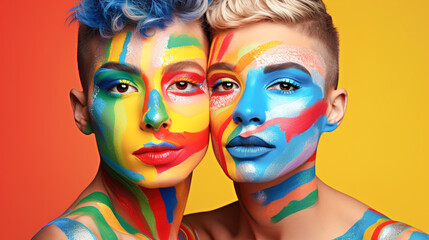 Two cute young guys lovers with painted faces and colorful haircuts on a red and yellow background
