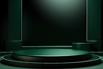 Podium in abstract dark green room composition for product presentation