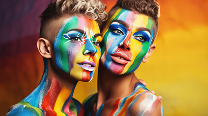 Naklejka premium Two cute young guys lovers with painted faces and colorful haircuts on a red and yellow background