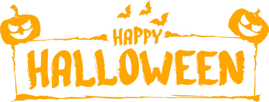 Happy Halloween text banner design template with scary halloween pumpkin isolated on white background. Halloween party lettering logo, label, sticker, poster and banner design
