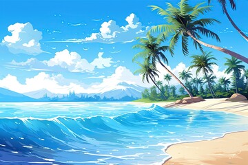 Fototapeta na wymiar A tropical beach scene with palm trees, white sand, and crystal-clear blue water,Generated with AI