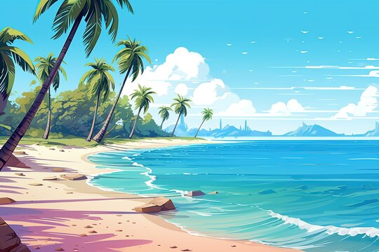 A tropical beach scene with palm trees, white sand, and crystal-clear blue water,Generated with AI