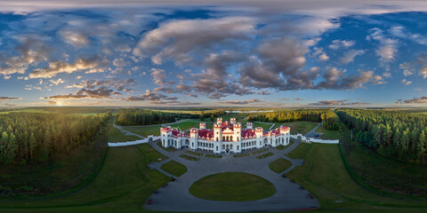 aerial evening seamless spherical hdri 360 panorama overlooking restoration of the historic castle...