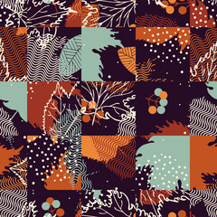 Abstract fall leaves seamless pattern. Leaf silhouettes with doodle, grunge, scribble textures. Vector illustration
