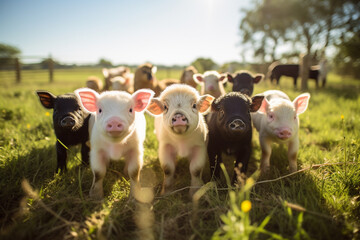 Happy Farm Animals In Open Fields. Сoncept Raising Livestock On Farms, Benefits Of Animals Grazing Outdoors, Animal Contentment On The Farm, Joy Of Feeding Farm Animals