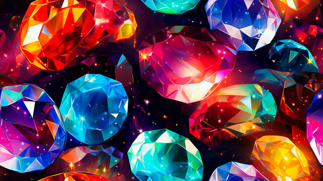 Crystals or gem stones in vibrant colors falling on a black background. Illustration of gems and precious stones, prefect concept of luxury and wealth.