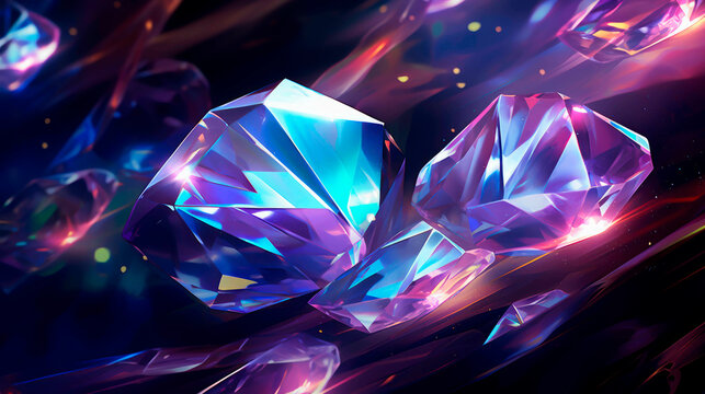 Crystals or gem stones in vibrant colors falling on a black background. Illustration of gems and precious stones, prefect concept of luxury and wealth.