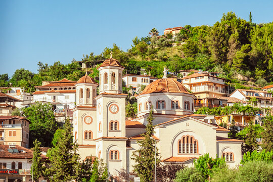 Albanian old city Berat with view of berat castle walls and tiled roofs of houses.
