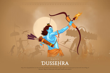 Vector illustration of Lord Rama killing Ravana in Navratri festival of bharat poster for Happy Dussehra. - obrazy, fototapety, plakaty