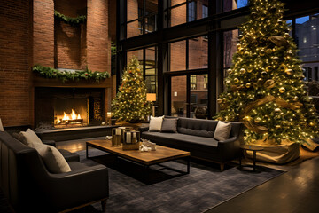  Urban Chic Christmas: A trendy and vibrant city hotel lobby with exposed brick walls, industrial lighting, contemporary artwork, and a bustling bar area decked out in holiday decorations. 