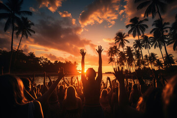 Crowd of young people enjoying at beach party at sunset - Generative AI