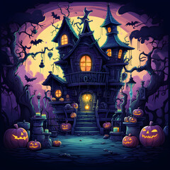 Spooky Halloween Vector Background - Haunted House, Bats, and Eerie Atmosphere, Ai generative
