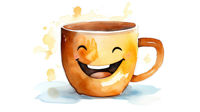 Cute smiling coffee cup character. Happy cartoon drinks