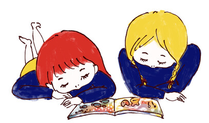 寝っ転がって絵本を読む子ども達