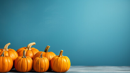 A colorful display of pumpkins, pumpkins and leaves sitting in a row on blue background. Space for text. Generative AI.