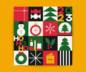 Geometric Christmas pattern. Abstract minimalist New year card, simple mosaic tiles for holiday decoration poster. Vector illustration