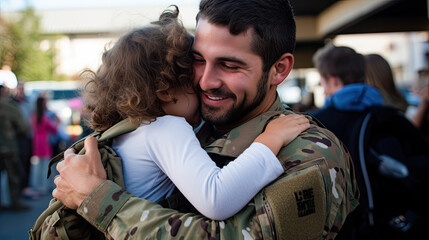 Fototapeta premium Ein Soldat und Kriegsheld kehrt von seiner Mission zu seiner Familie zurück
