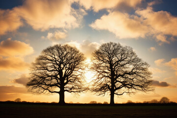 Sun shining through two connected winter trees