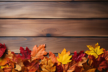 Obraz premium Wooden Table Against Backdrop Of Red And Yellow Fall Leaves Thanksgiving Day . Сoncept Thanksgiving Decorating Ideas, Thanksgiving Tablescapes, Fall Home Decorating, Wood Furniture Trends
