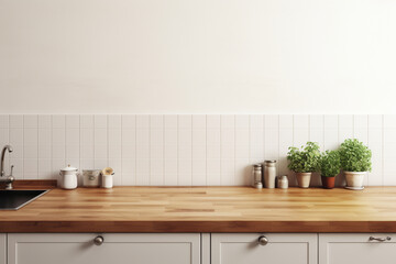 Fototapeta na wymiar Wooden Countertop In White Kitchen