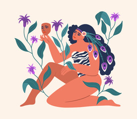 Happy woman in zebra print swimsuit is sitting in jungle. Girl holds a mask with sad emotions in her hand. Concept of Mental health. Vector illustration.