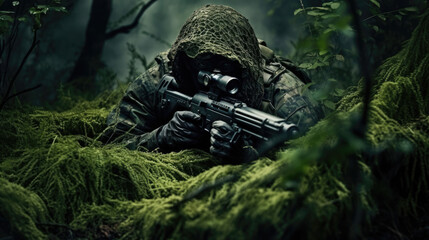 Ein Scharfschütze und Soldat wartet einsam im Dschungel auf den Start seiner Mission - obrazy, fototapety, plakaty