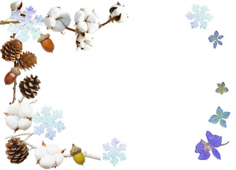 透過フレームー雪の結晶と実と押し花の冬イメージ