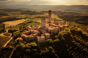 Fotobehang San Gimignano, Tuscany. Hill top town in Italy known for its towers and stunning panoramic views. Vintage interpretation image. © Elena