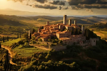 Poster Toscane San Gimignano, Tuscany. Hill top town in Italy known for its towers and stunning panoramic views. Vintage interpretation image.