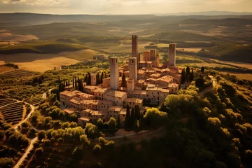 Zelfklevend Fotobehang San Gimignano, Tuscany. Hill top town in Italy known for its towers and stunning panoramic views. Vintage interpretation image. © Elena