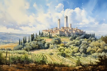 San Gimignano, Tuscany. Hill top town in Italy known for its towers and stunning panoramic views. Vintage interpretation image.