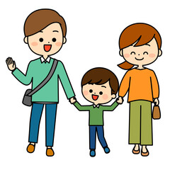 手を繋いで歩きながら会話する家族