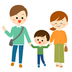 手を繋いで歩きながら会話する家族