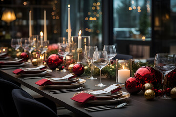 A wide - angle view of a modern kitchen with a long dining table beautifully set for a Christmas feast. Creating an inviting atmosphere for holiday dining. 