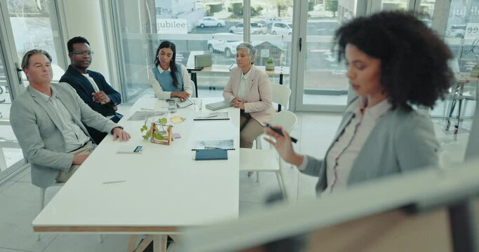 Woman at whiteboard in conference room with business people, questions for planning and strategy at startup. Office, workshop and businesswoman at b2b proposal, presentation or pitch ideas in meeting