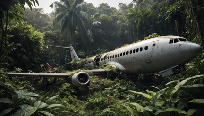Avion détruit recouvert de plantes grimpantes dans la jungle