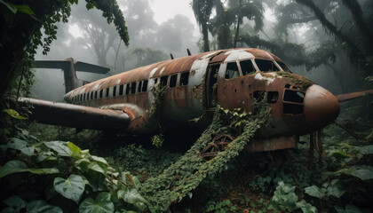 Épave d'avion rouillée recouverte de plantes grimpantes dans la jungle