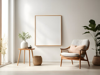 Blank frame mockup on wall in minimalist interior with plant in trendy vase and chair. Artwork...
