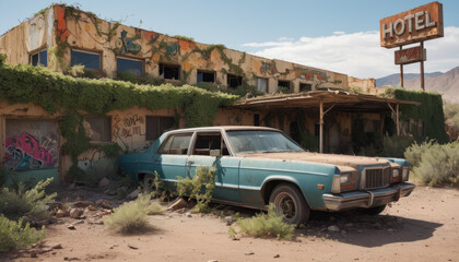 Vieux motel en ruine recouvert de plantes avec une épave de voiture