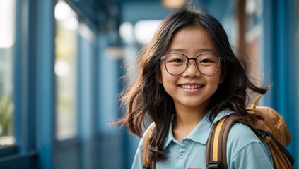 Close-up portrait of an asian girl with backpack and glasses, smiling and happy, against a school blue background. Back to school concept generative ai