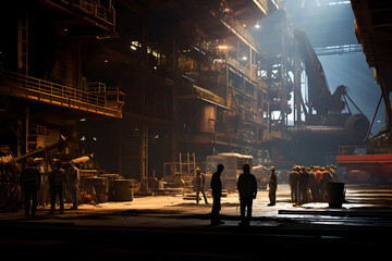 Industrial scene, workers on strike inside a factory