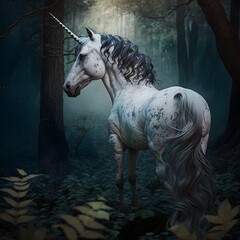 unicorn with black spots in forest fantasy style atmospheric HD photo realism 