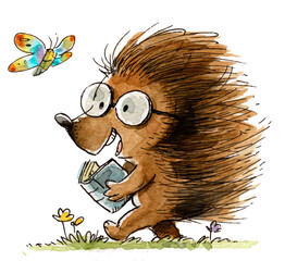Hedgehog with glasses reading a book - 651036497