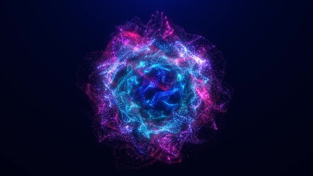 Abstract sphere of luminous particles, sound visualization of the movement of a magic ball. Animation of a molecular atom, science. Futuristic background