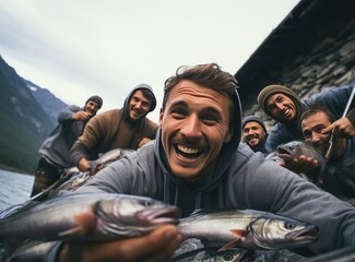 A group of fishermen holding trout