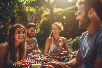 Lifestyles, family, food concept. Family or friends having barbeque picnic in nature, park or backyard during warm summer evening. Joyful mood. Generative AI - obrazy, fototapety, plakaty