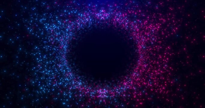 Abstract round sphere of shiny pink and blue particles of magical glow on a dark background, energy ball of bright dots, movement of a spherical ball. Seamless looping 4k video