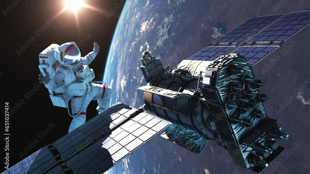 Sticker astronaut working on a satellite in space